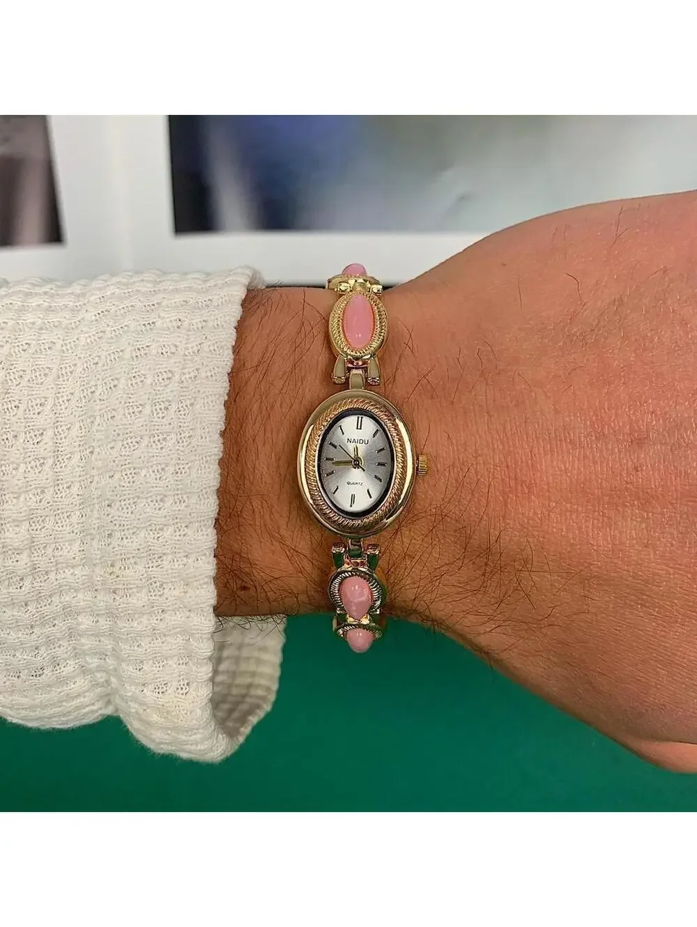 Y2k style Dainty cute Gold style tone quartz watch with pink jade stone opal acc
